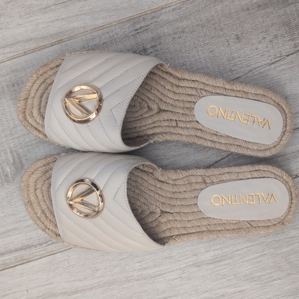 Valentino Cream Quilted Slide Sandals with Gold Medallion